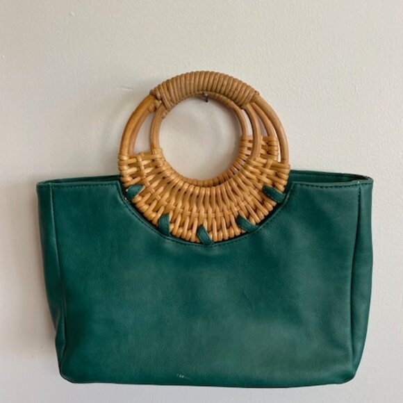 ANTHROPOLOGIE Marianne Green Tote Bag Wicker Handle - Picture 1 of 16